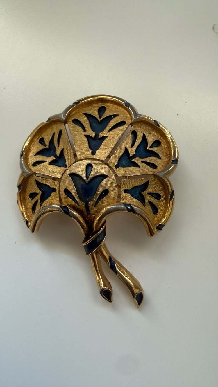 Vintage Trifari Gold Tone and Blue Enamel Floral Fan Brooch